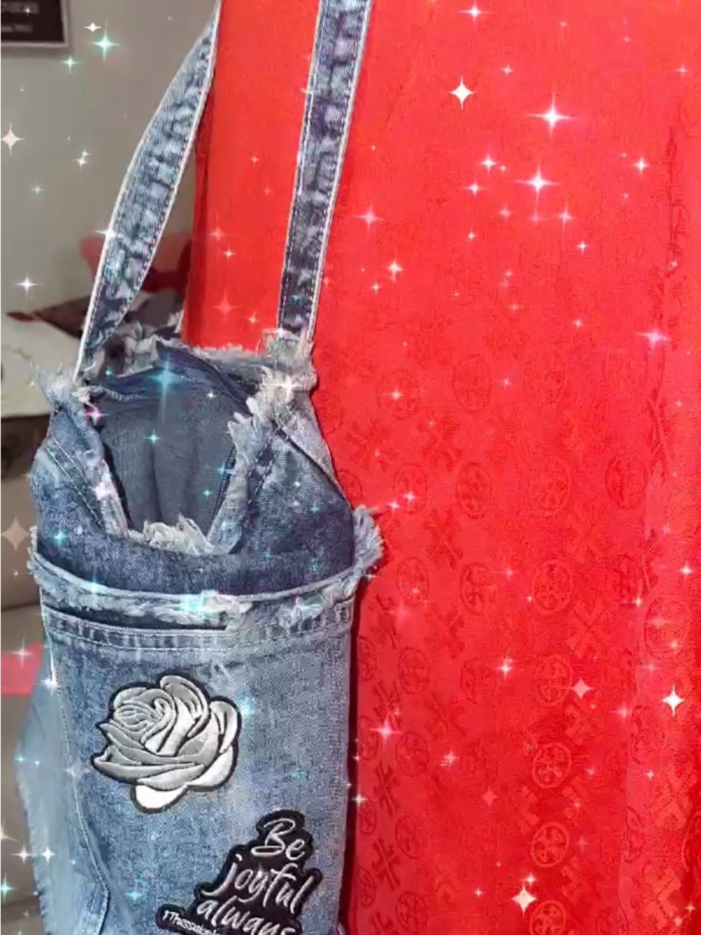 Faith Embroidered Denim Tote Bag - Blue - Picture 3 of 4
